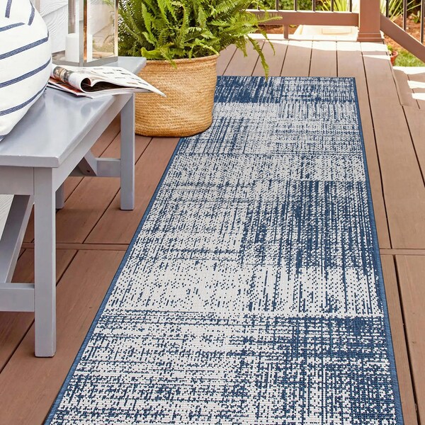 World Rug Gallery Contemporary Distressed Boxes Weather Resistant Indoor/Outdoor Runner Rug 2' x 7' Blue 4032BLUE2X7 - main